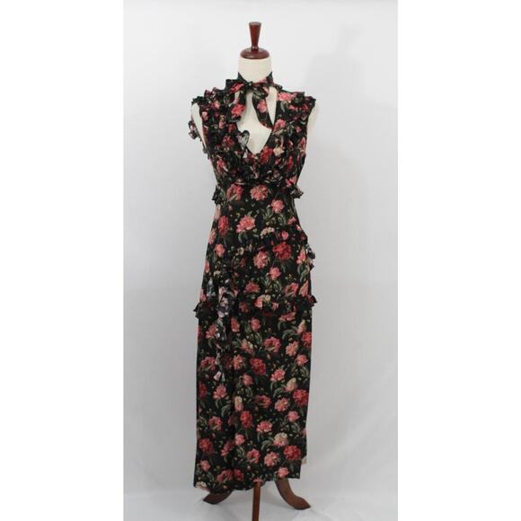 R13 LIBERTY OF LONDON Sz XS Black Pink Rose Floral Silk Dress Ruffle Slit - Picture 11 of 13